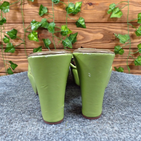 Cindy Womens Platform Mule Heels Size 10 Green Leather Bow Open Toe Chunky Heel - Picture 4 of 6